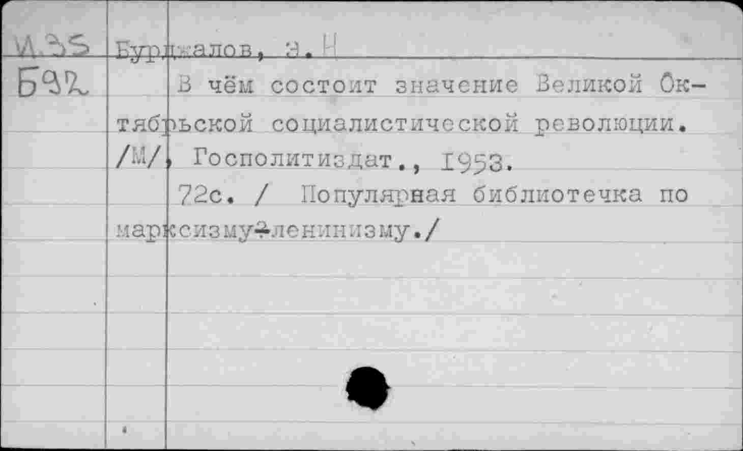 ﻿Г-	Пур	рк-алов,
		В чём состоит значение Великой Ок-
	ТЯб] /И/	•»ьской социалистической революции. , Госполитиздат.. 1953.
		72с. / Популярная библиотечка по
	мар:	с с и з му^ле н ин; I з му./
		
		
		
		•
		
	4	ч